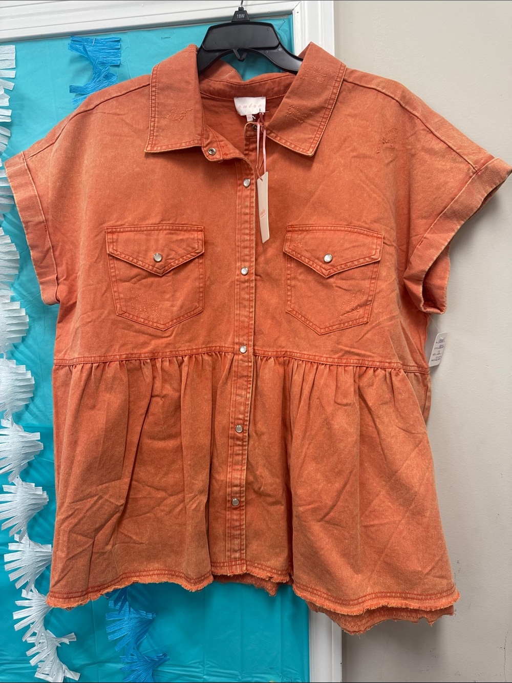 entro Orange Short-Sleeve Button-Front Peplum Shirt